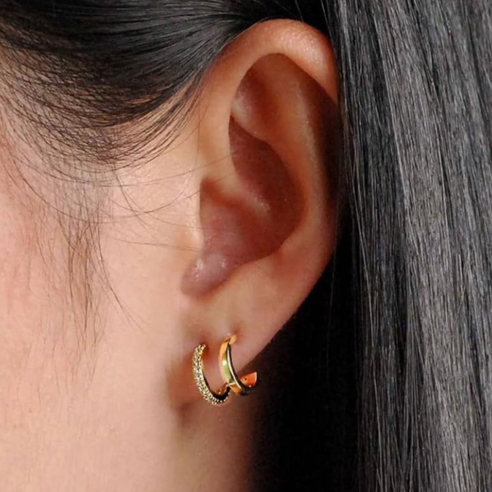 14k Gold Plated CZ Half-Hoop Faux Double Pierced Dainty Hoop Earrings for Women - Picture 2 of 6